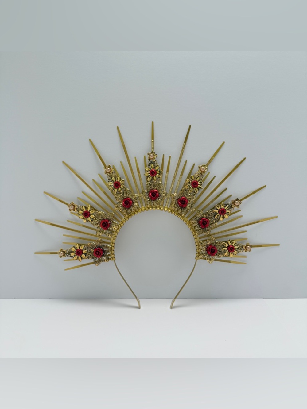 Gold Halo Headband with Red Floral Accents